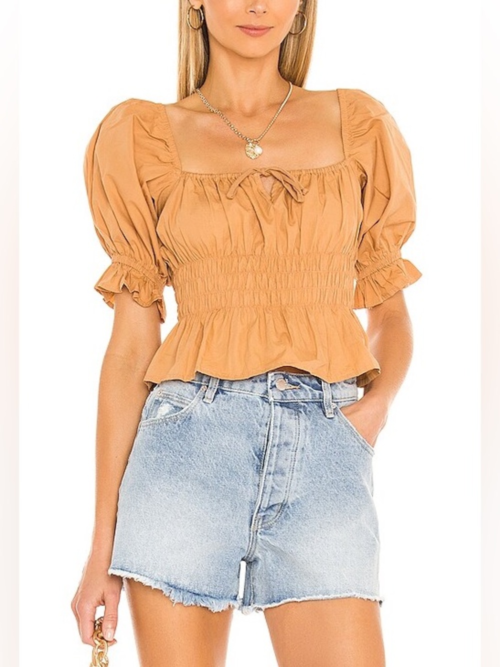 Faithfull the Brand Loviana Smock Top in Plain Caramel Brown Size Small 4
